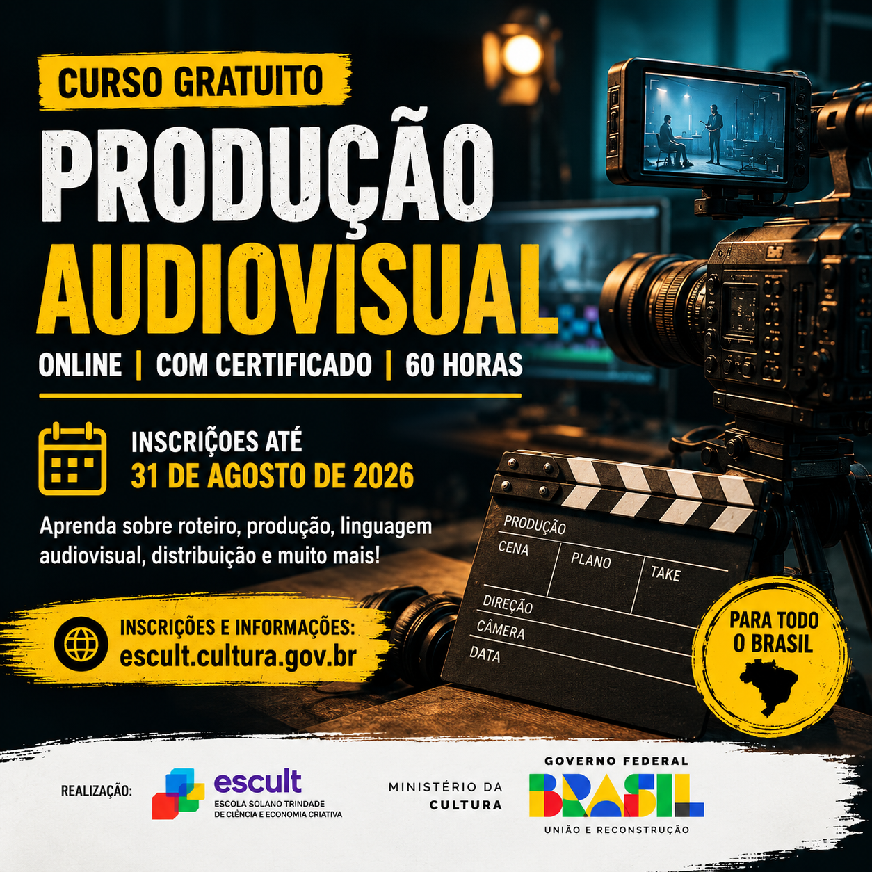 Curso gratuito de Produção Audiovisual abre inscrições para participantes de todo o Brasil