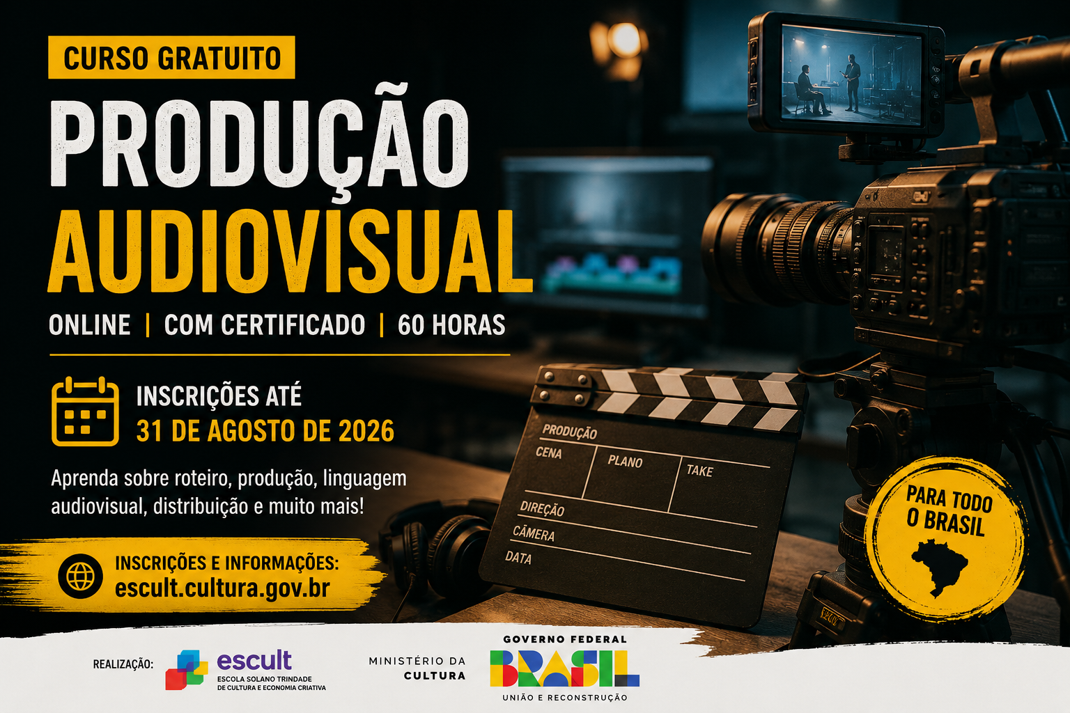 Curso gratuito de Produção Audiovisual abre inscrições para participantes de todo o Brasil